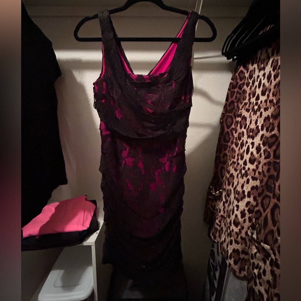Express pink & black lace ruched mini dress